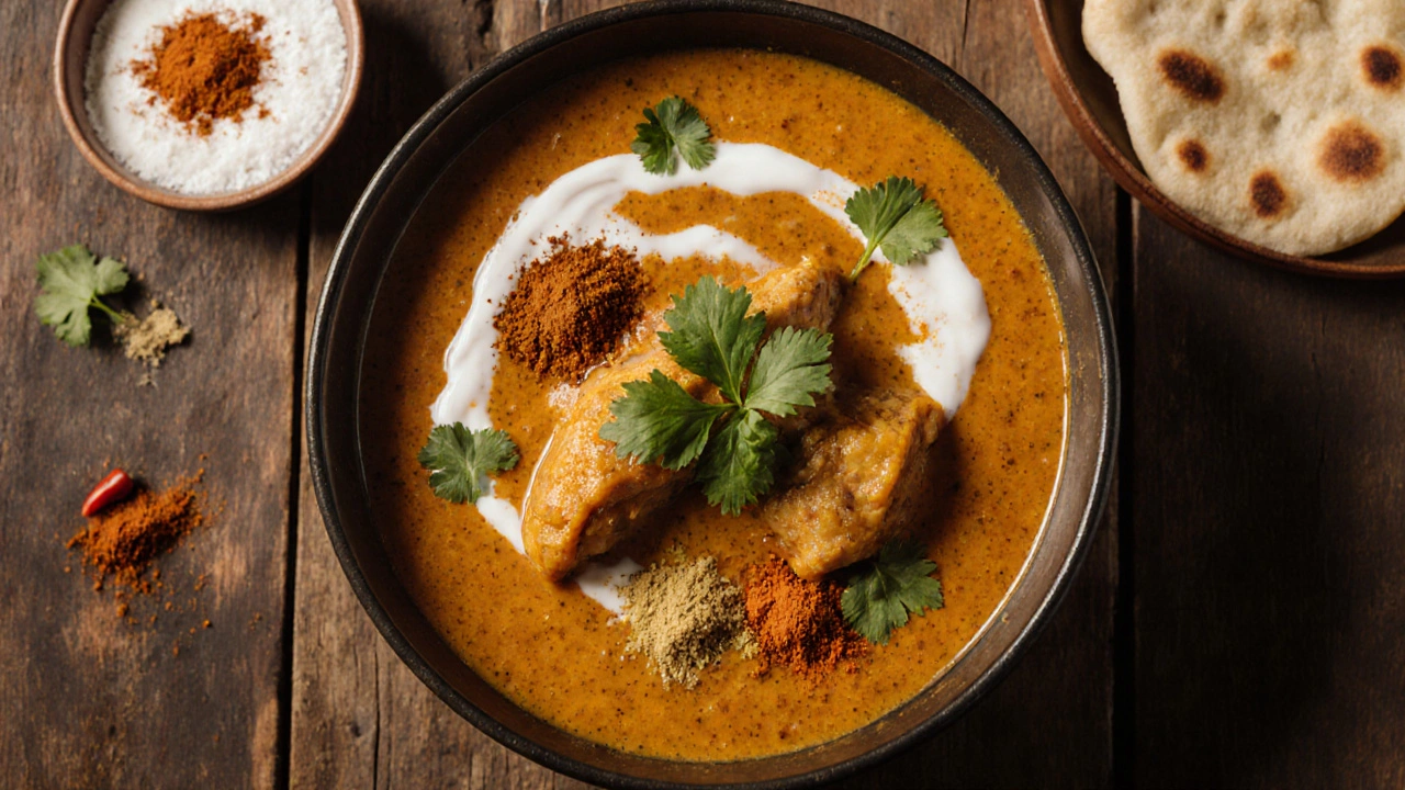 A bowl of golden chicken curry garnished with cilantro and the four key spices.