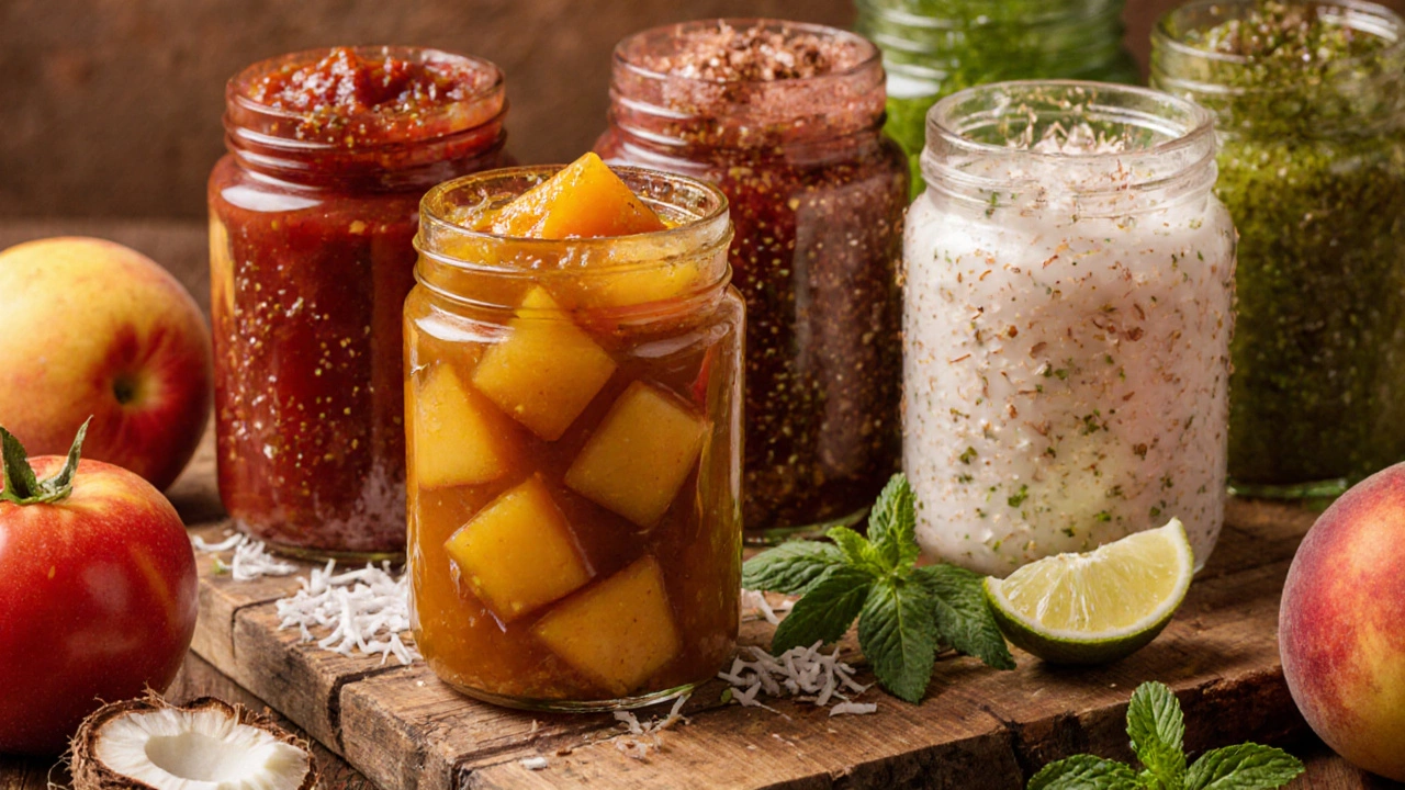 Assorted jars of mango, tomato, coconut‑ginger, cilantro‑lime, and mint‑peach chutneys on a wooden board.