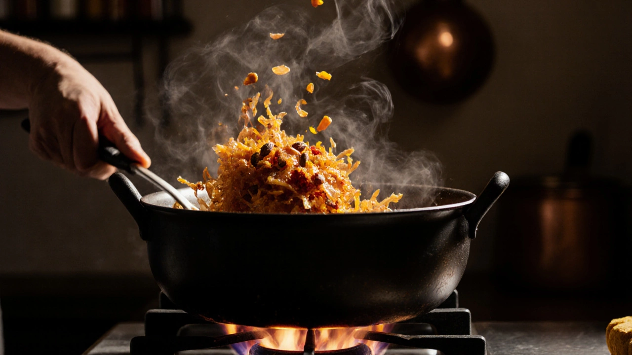 Chef sautéing onions and spices in a pot, steam rising, golden light.