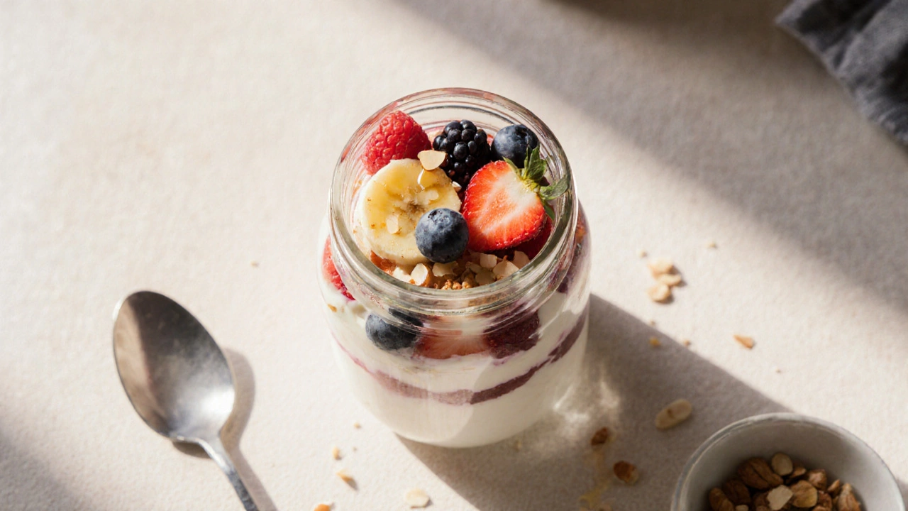 Close-up of a layered Greek yogurt parfait with fruit and nuts.
