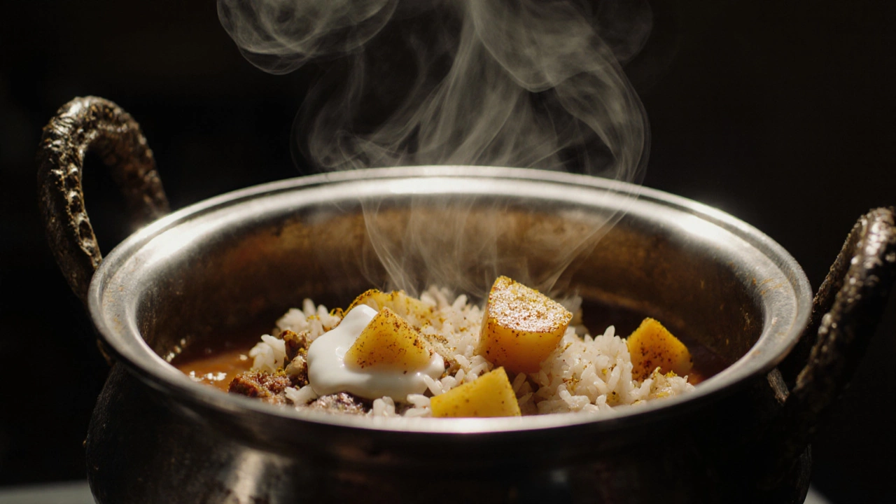 Close‑up of a sealed pot with layered biryani, potatoes, meat, and rice steaming.