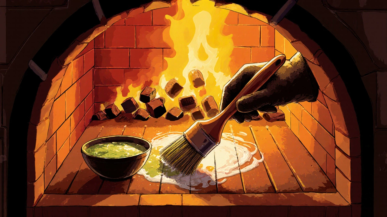 Close‑up of hand brushing oil and applying lime paste inside a hot tandoor with glowing charcoal.