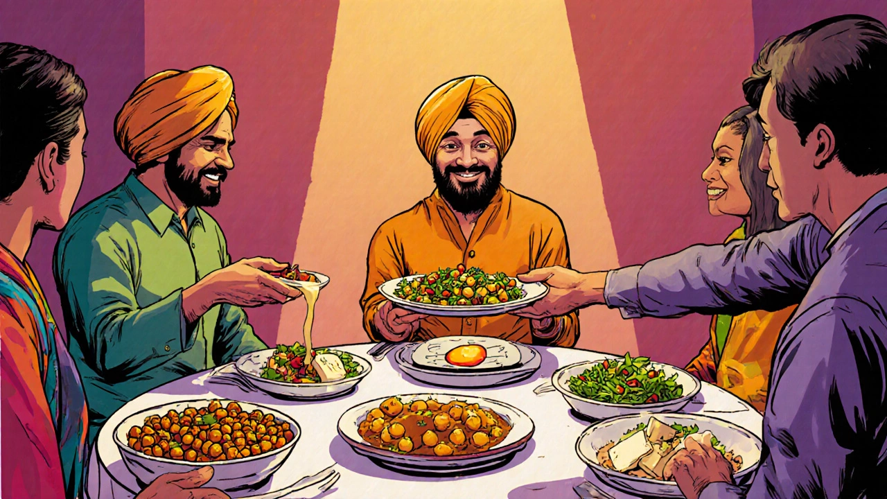 Comic‑style dinner with plant‑based dishes and a separate egg platter.
