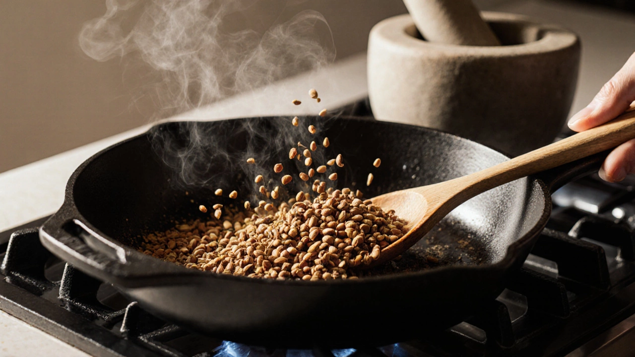 Cumin and coriander seeds being toasted in a skillet beside a mortar and pestle.