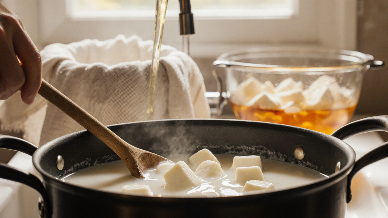 Curdled milk in a pot being gently stirred, with curds draining through cheesecloth.