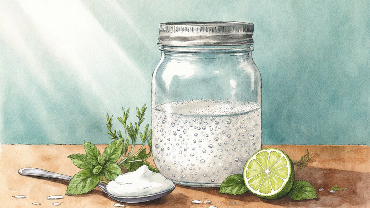 Fermented rice water bubbling in a jar surrounded by mint leaves.