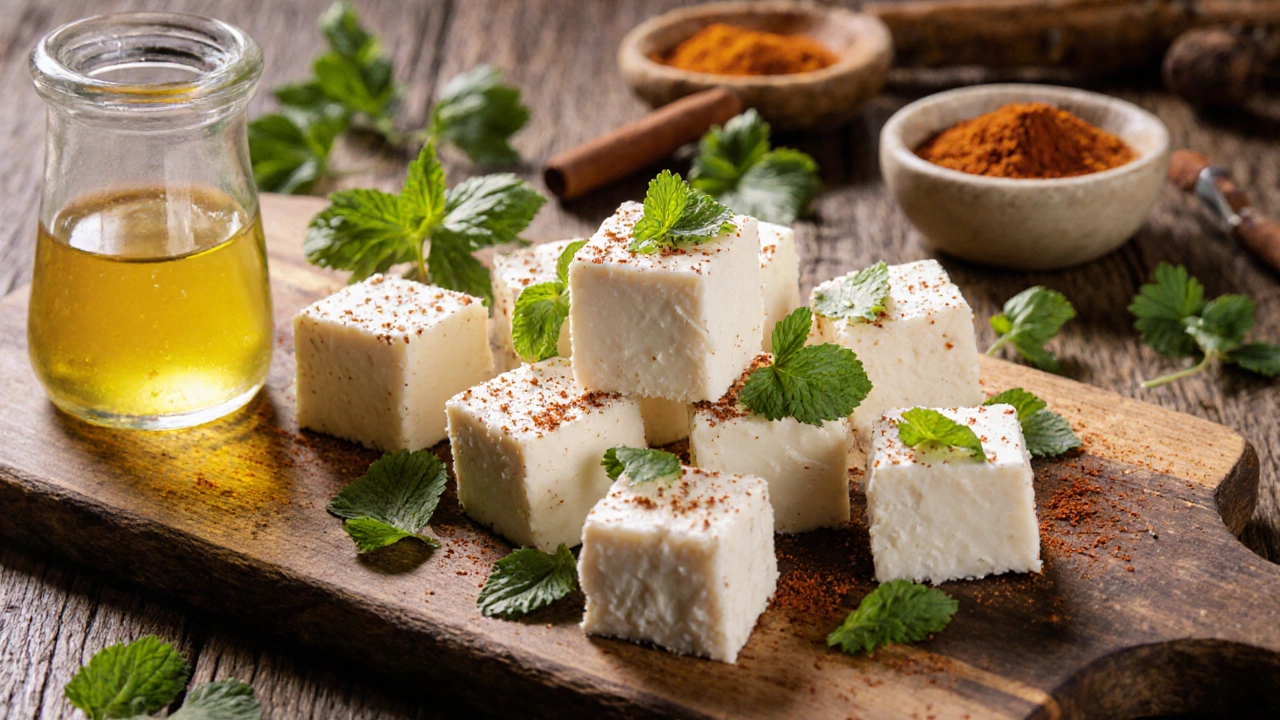Fresh paneer cubes on a board, garnished with herbs and smoked paprika.