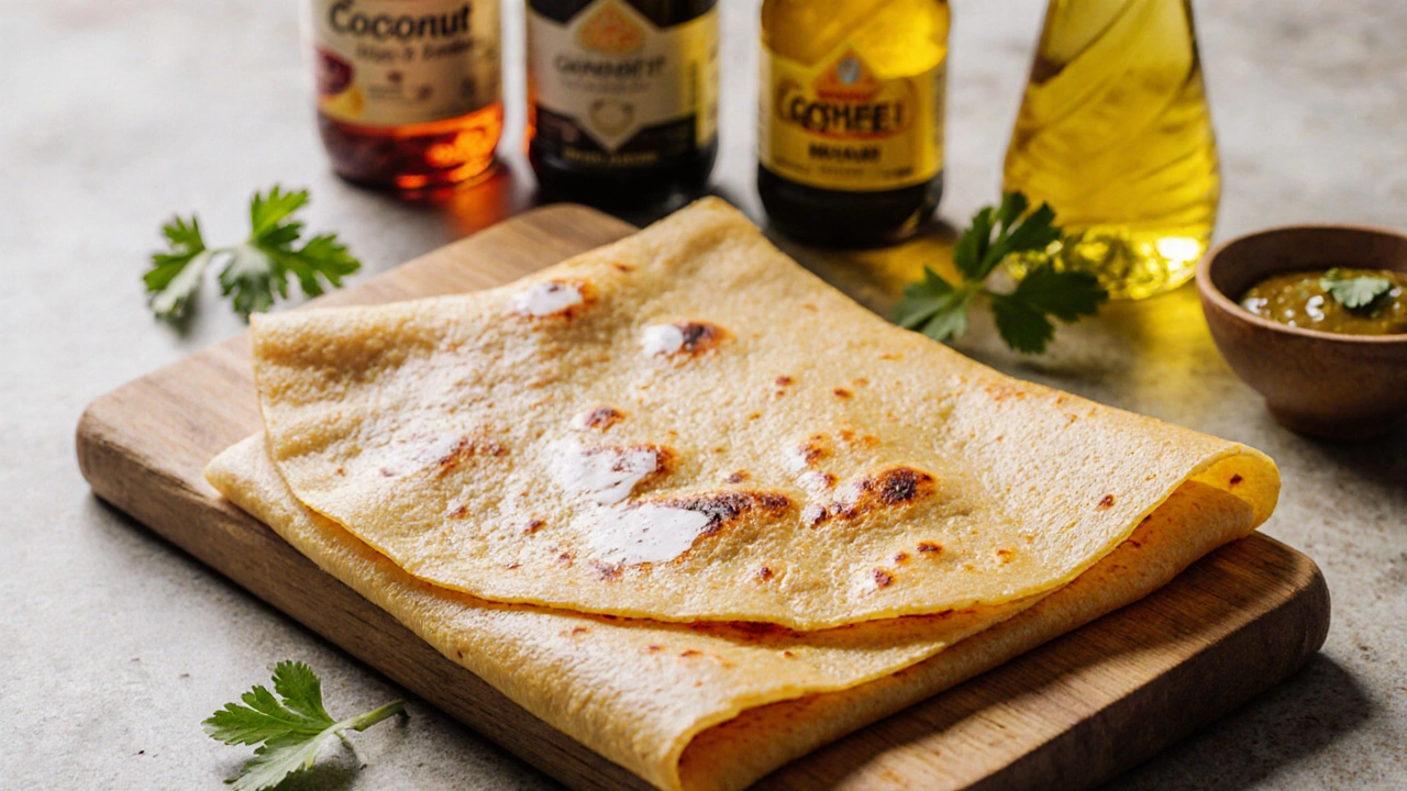 Golden folded dosa with a glossy edge, oil bottles blurred in the background.