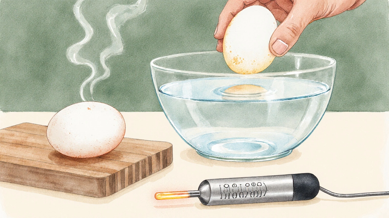 Hand performing the float test with an egg in a water bowl, inspecting its shell.