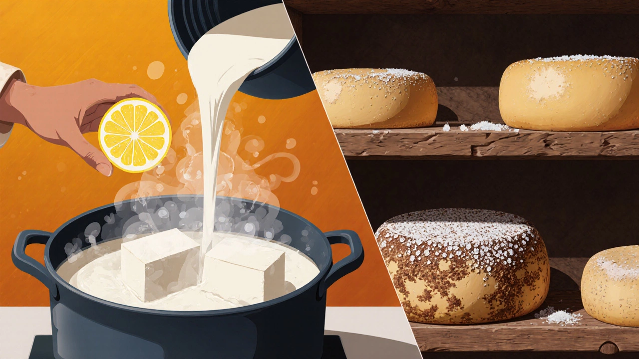 Illustration of paneer being curdled in an Indian kitchen and cheese aging on cellar racks.