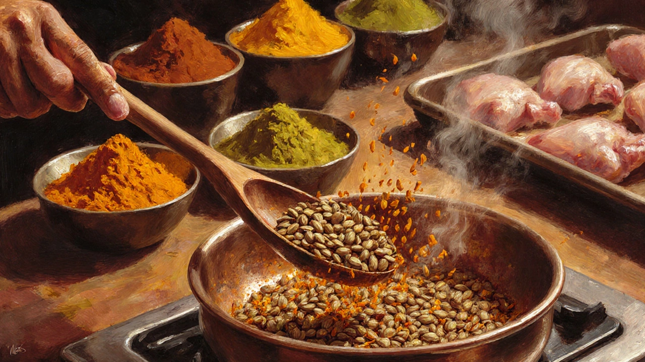 Illustration of spices popping in a pan with raw chicken thighs nearby.