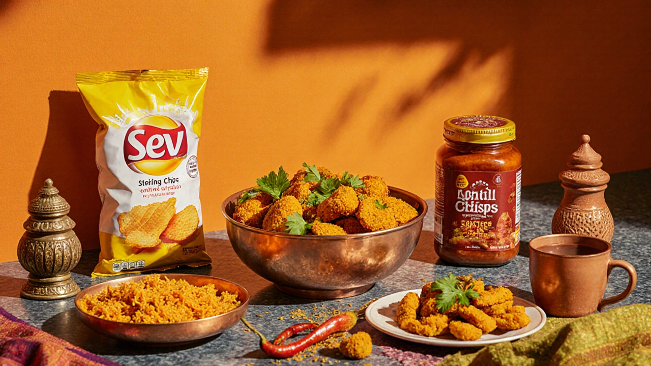 Indian kitchen snack spread comparing chips with baked veg chips and chickpeas.