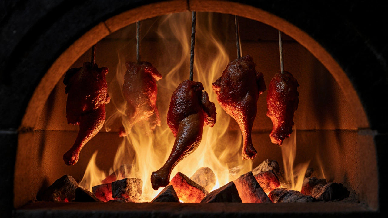 Interior view of a clay tandoor with glowing coals and hanging chicken pieces.