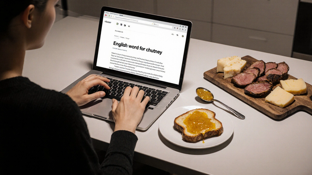 Modern kitchen scene with a writer, grilled cheese topped with mango chutney, and a laptop.