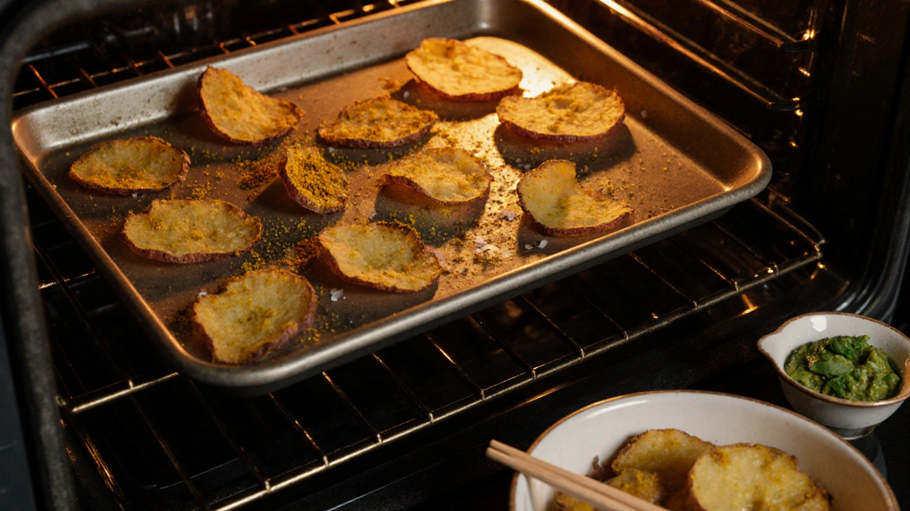 Oven tray of turmeric‑spiced baked potato chips with a portion bowl and chutney.