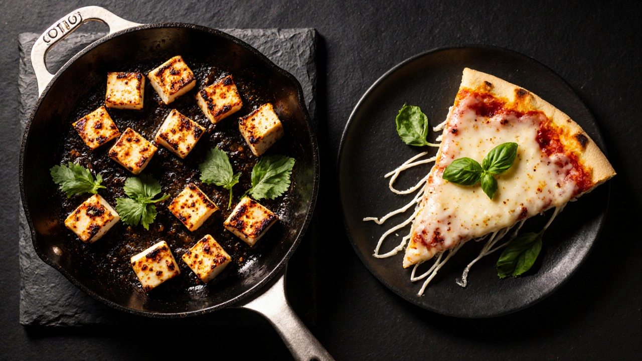 Paneer tikka skillet beside a cheesy pizza slice, highlighted with dramatic lighting.