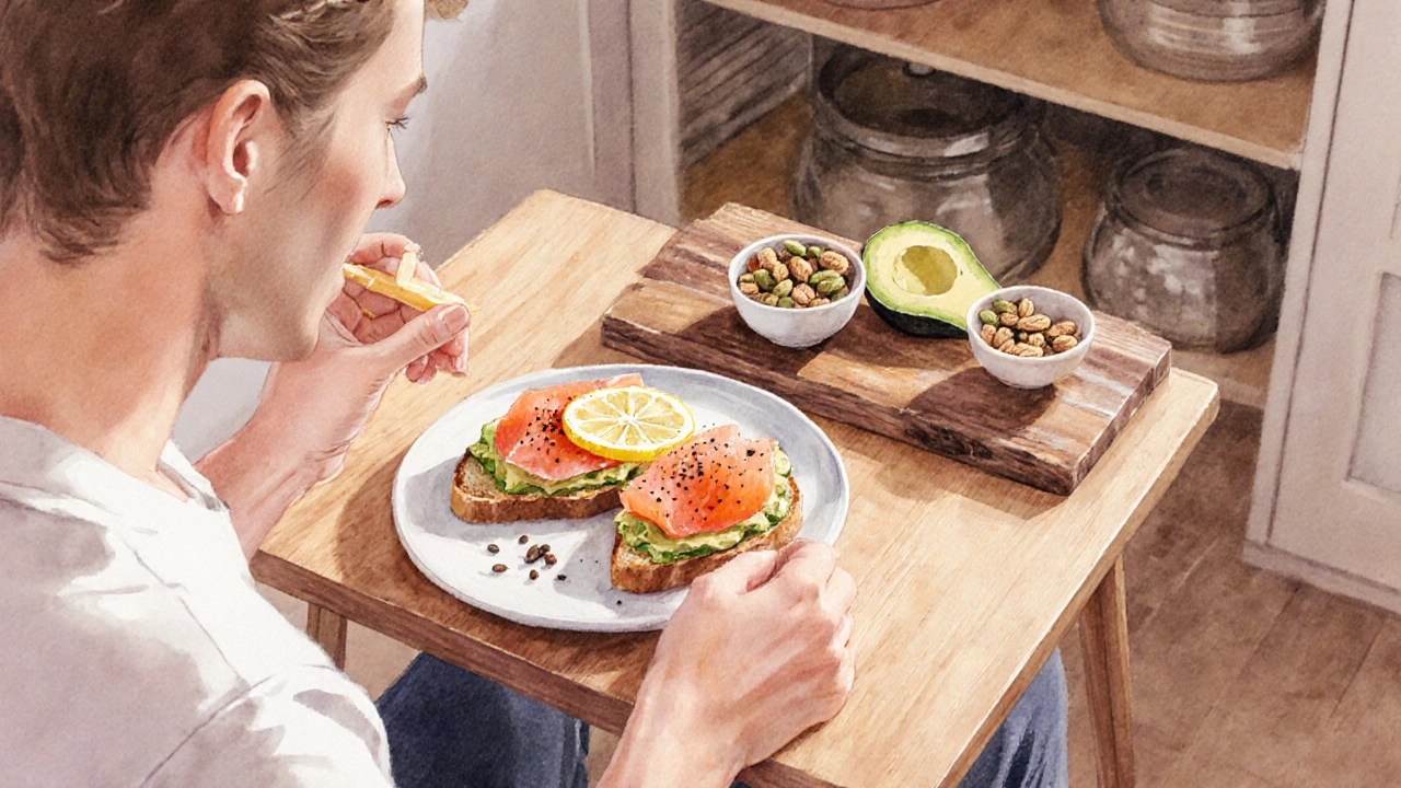 Person about to eat avocado toast with smoked salmon, surrounded by healthy‑fat and protein bowls.
