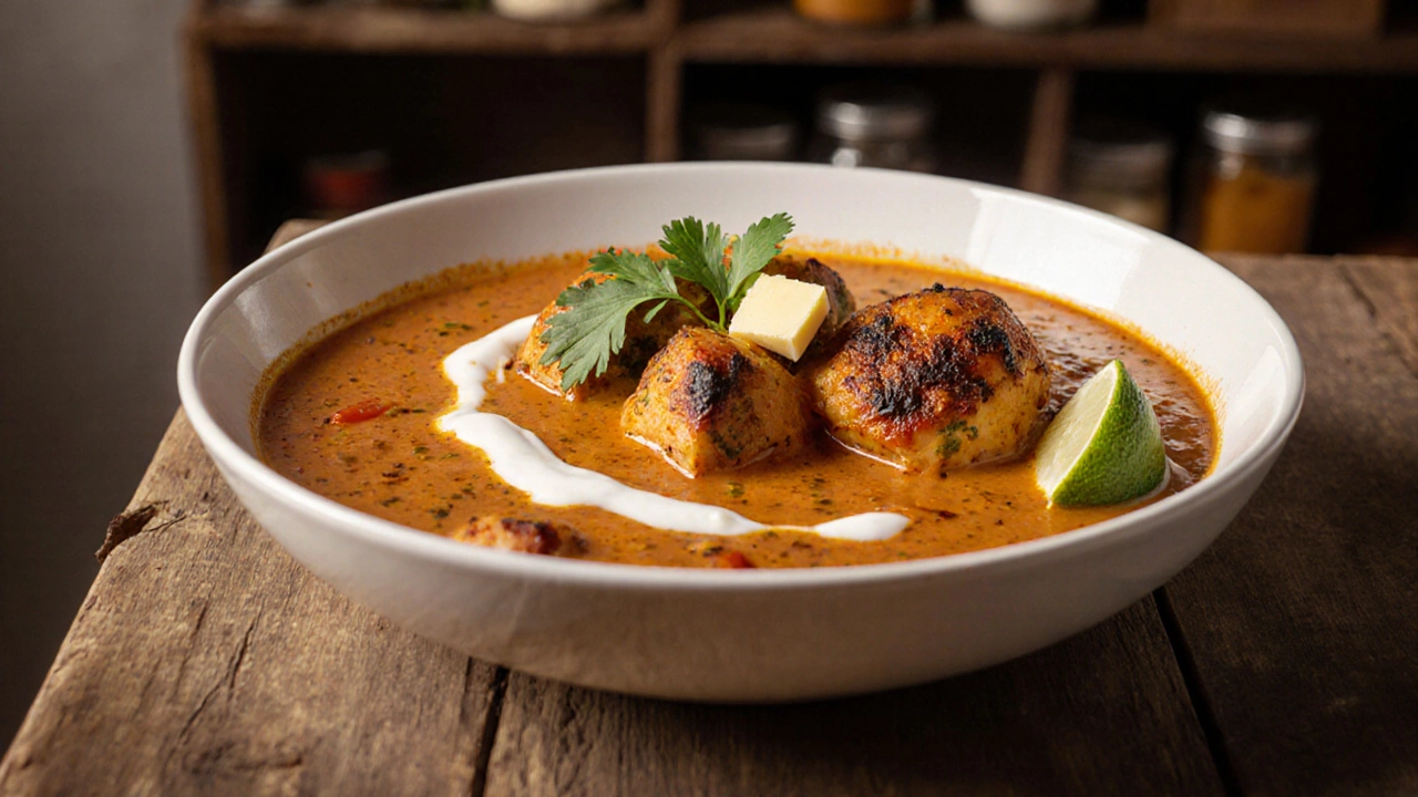 Plate of creamy chicken curry with cilantro garnish and coconut cream swirl.