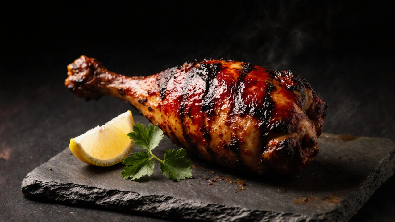 Plate showing a ruby‑red tandoori chicken leg with herbs and lemon.