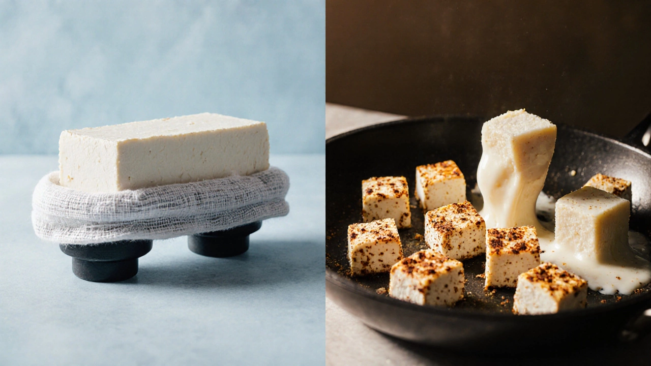 Pressed tofu next to pan-fried cubes, contrasted with melting mozzarella.