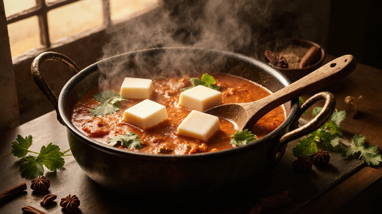 Queso blanco cubes simmering in a creamy Indian butter masala curry.