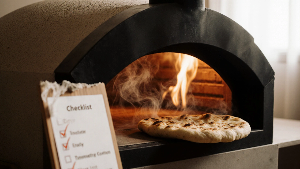 Seasoned tandoor with naan sliding out, steam rising, and a checklist beside it.