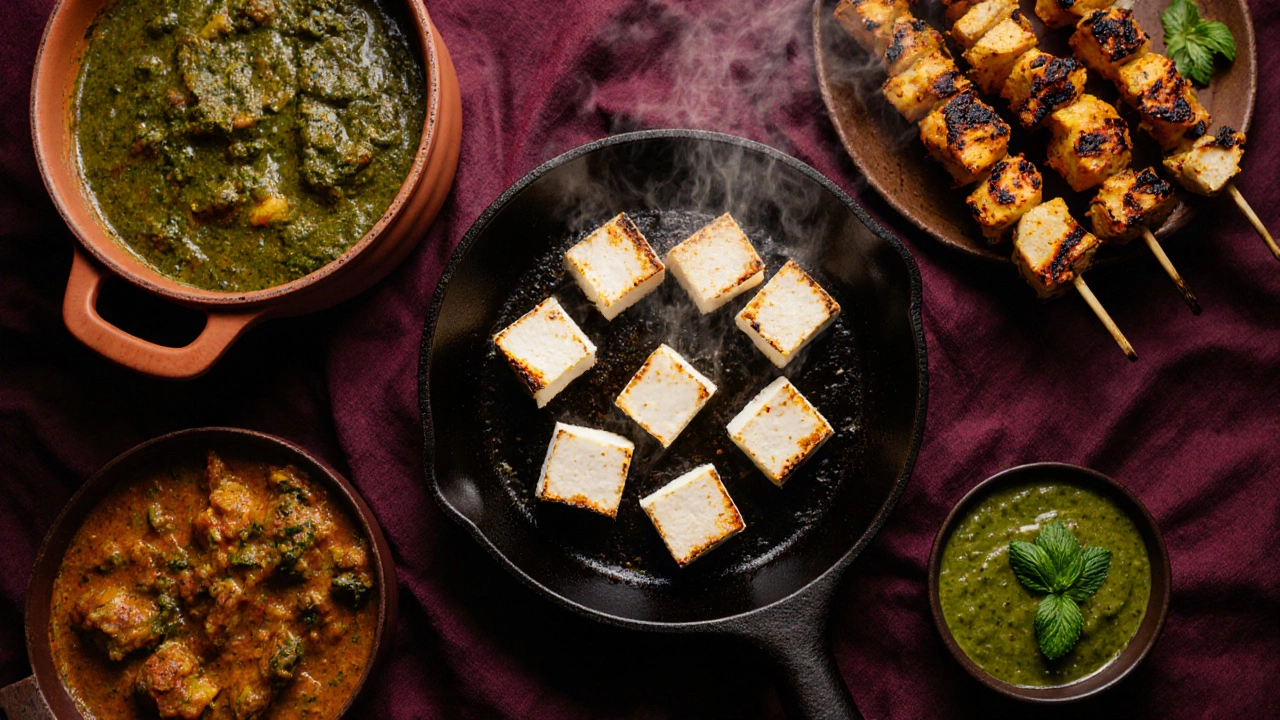 Sizzling paneer cubes with Indian dishes like palak paneer and tikka skewers.