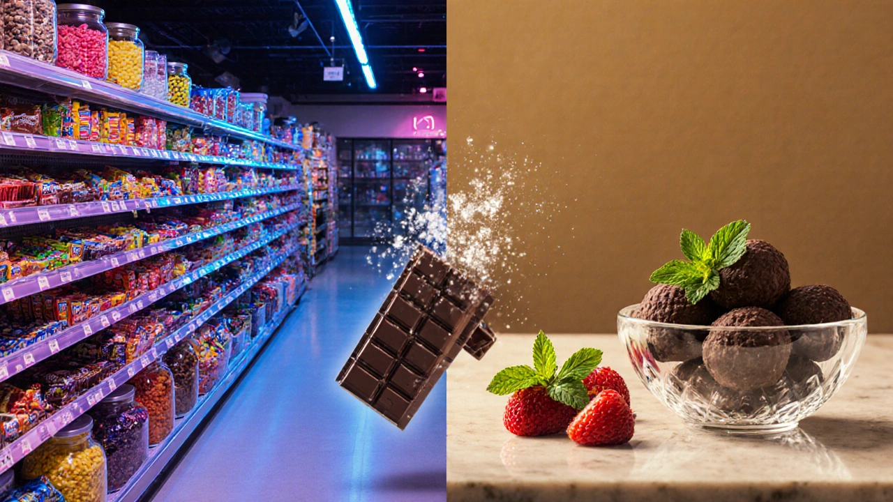 Split‑scene showing a candy‑laden supermarket aisle versus a low‑sugar kitchen.