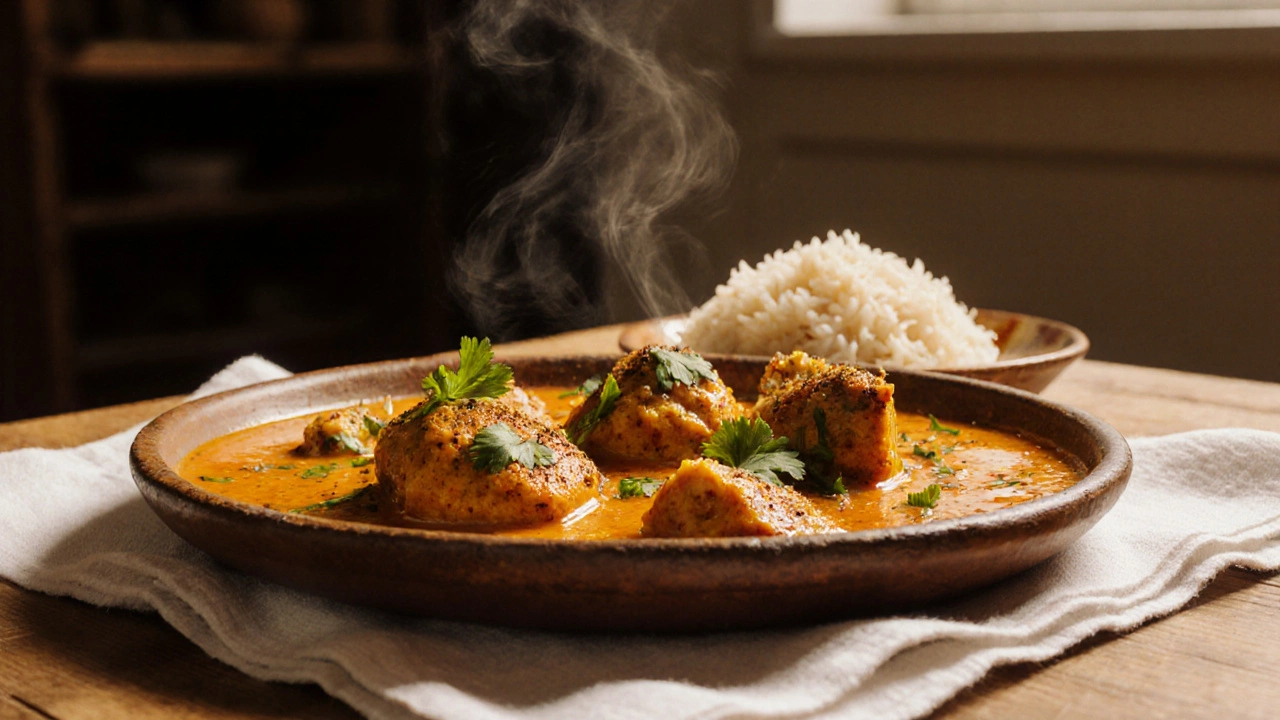 Steaming chicken curry served over basmati rice, garnished with cilantro on a rustic table.