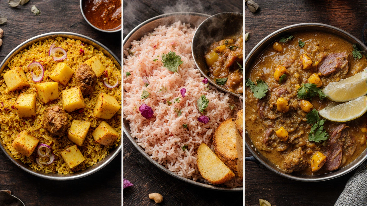 Three plates show Hyderabadi, Lucknowi, and Kerala biryani each featuring potatoes.