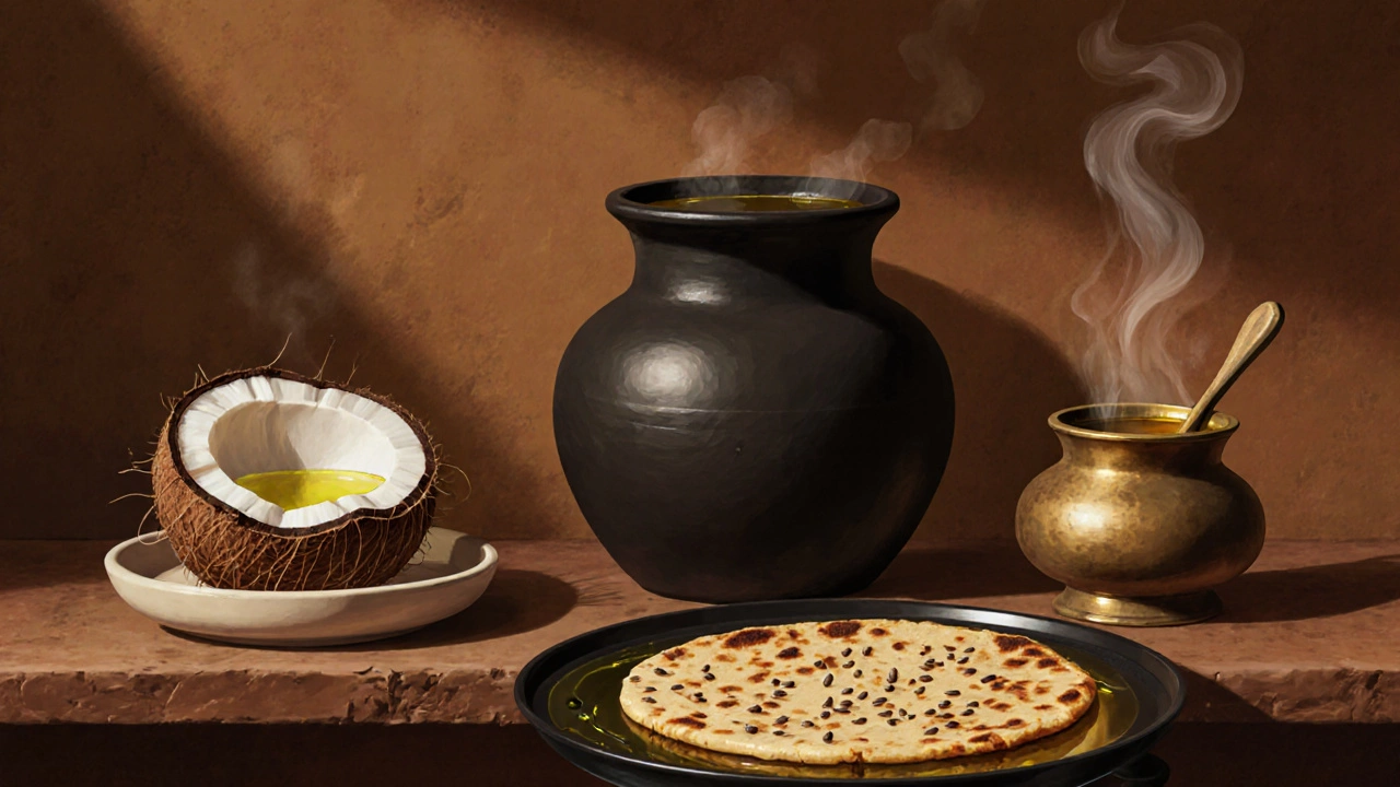 Traditional kitchen shelf with coconut oil, sesame oil, and ghee beside a cooking dosa.