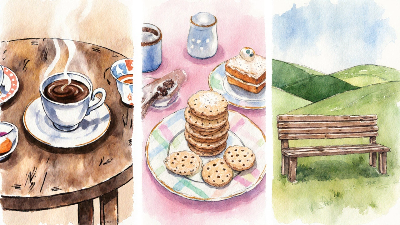 Watercolor of German coffee‑cake, British tea‑time biscuits, and Irish fruitcake gatherings.