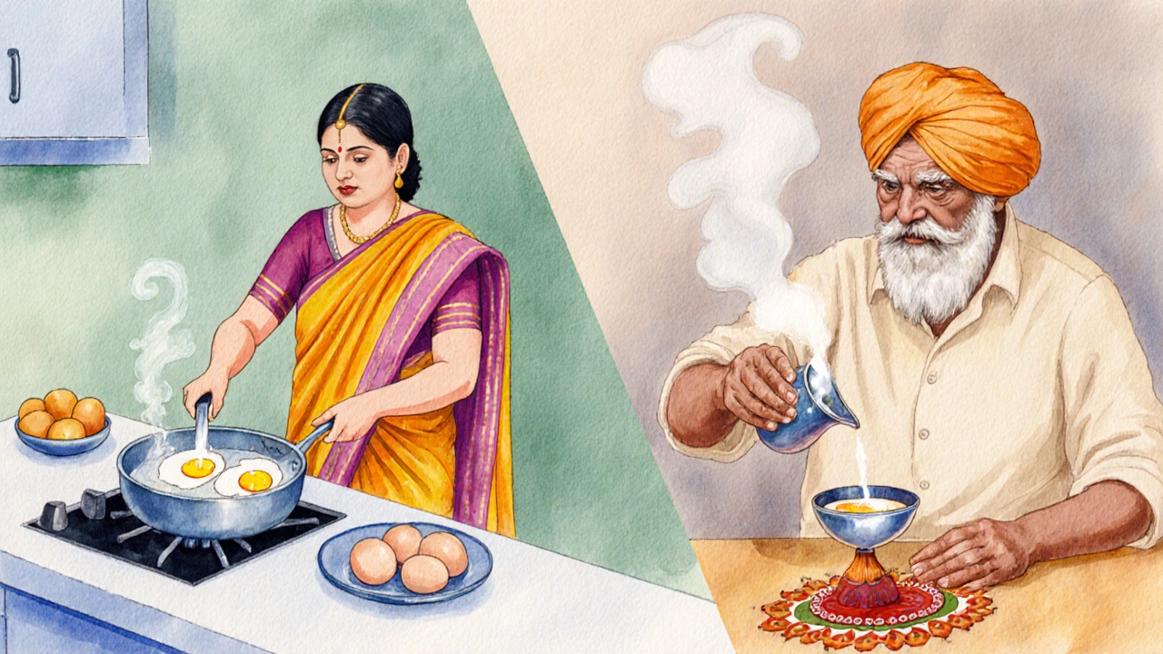 Watercolor showing a home kitchen with eggs and a shrine with Amrit.