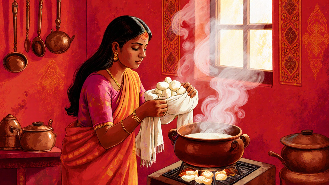 Woman pressing paneer curds in a cheesecloth in a traditional Indian kitchen.