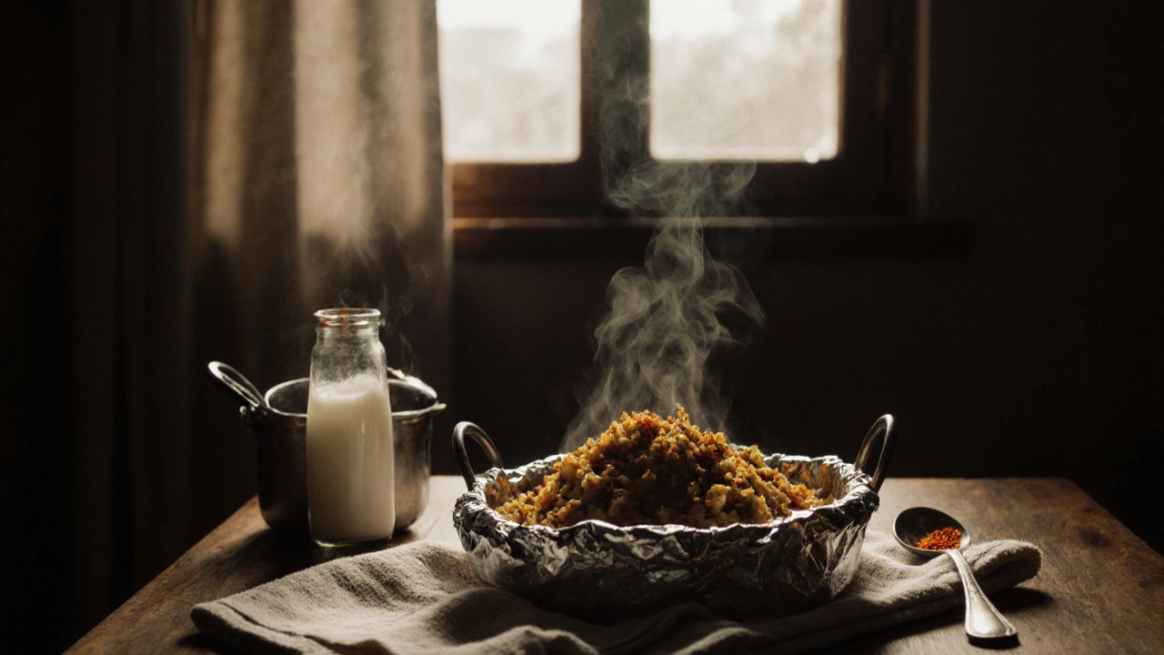 A baked biryani resting under a towel, steam rising beside saffron milk and foil.