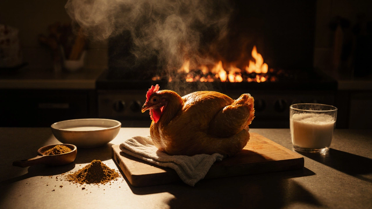 A cleaned chicken on a wooden board with tandoori spices nearby, ready to cook.