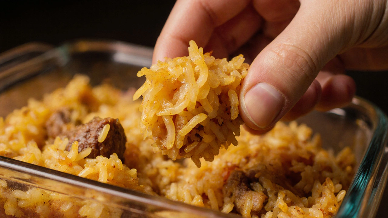 A close-up of a soft, glistening biryani rice grain between fingers.