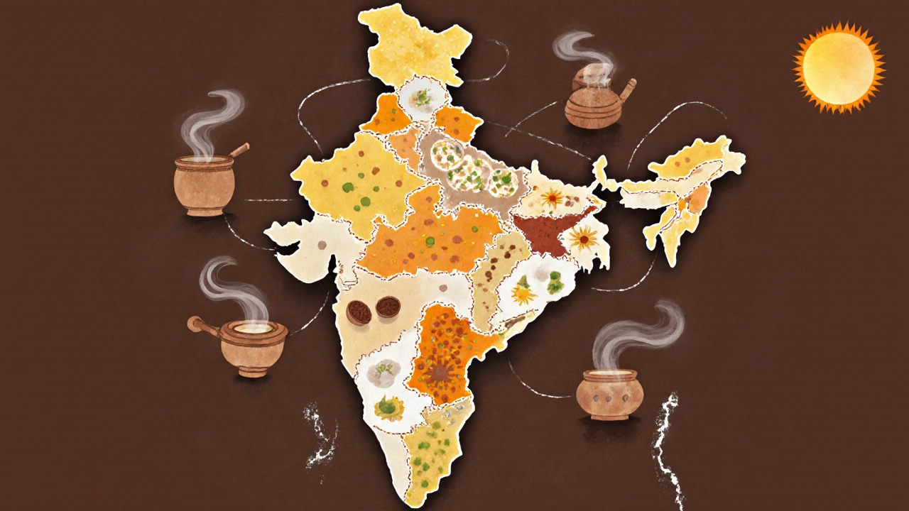 A map of India made from regional breakfast dishes connected by steam and spice trails under a rising sun.