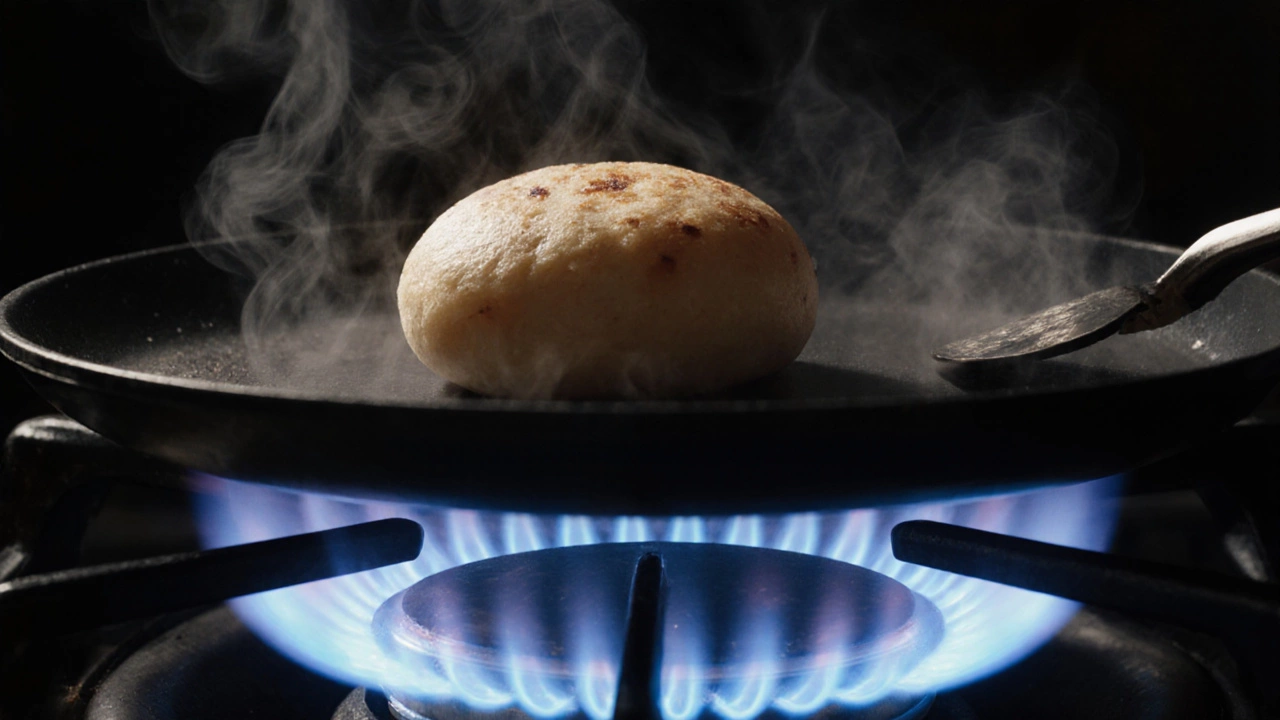 A roti puffing dramatically over a blue gas flame on a hot tawa.