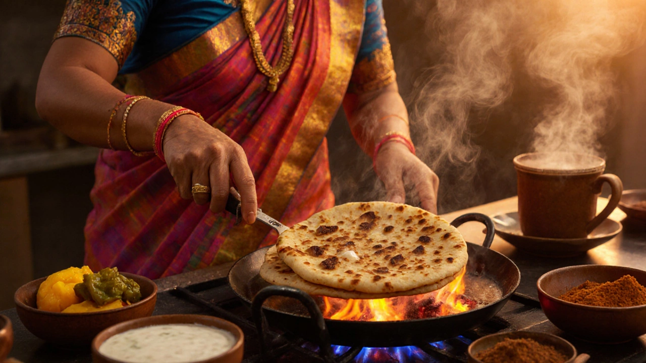 A woman flipping a golden aloo paratha on a tawa with curd and pickle nearby in a sunlit North Indian kitchen.