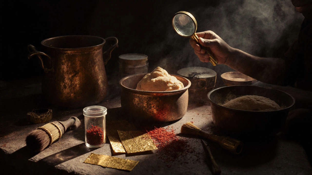 Artisan workspace with copper pots, saffron, and edible gold foil under magnifying glass.