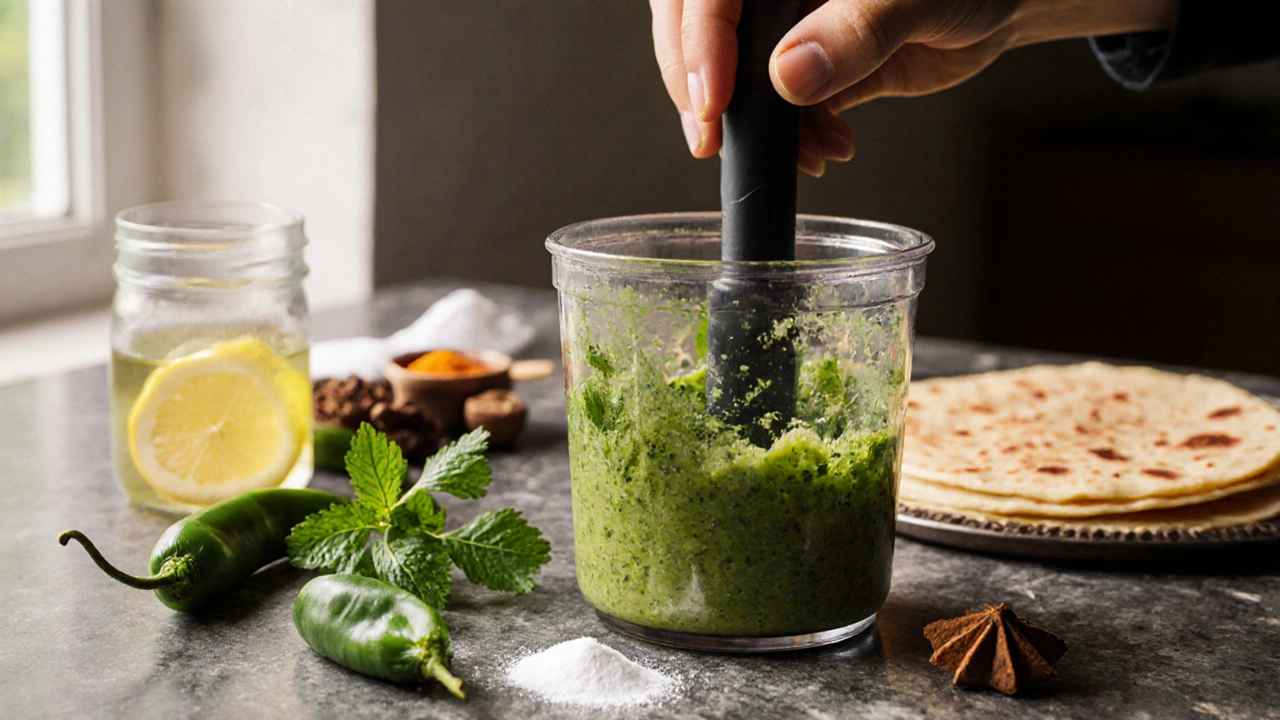 Blending fresh mint and cilantro into green chutney on a stone countertop.