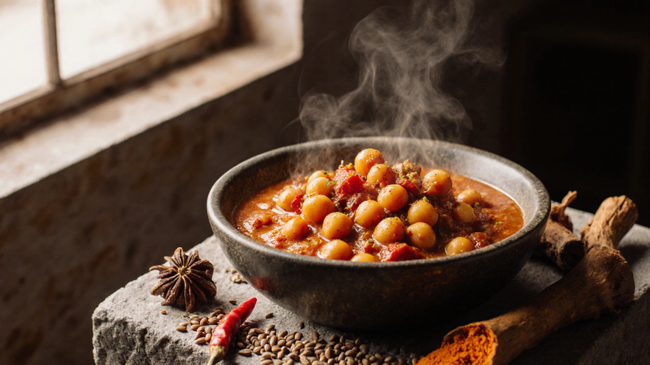 Chana masala in a bowl with whole spices like cumin and dried chilies scattered around.