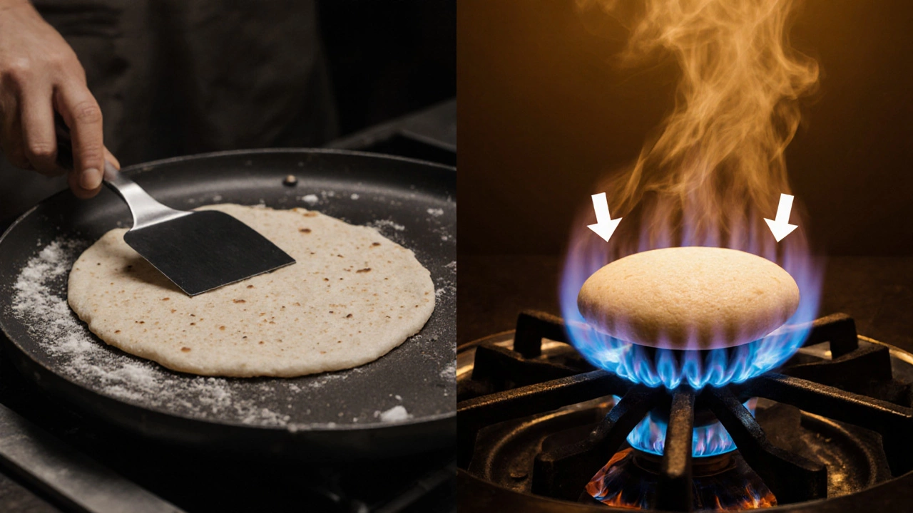 Contrasting images of flat vs. puffed roti with steam and pressure concepts.