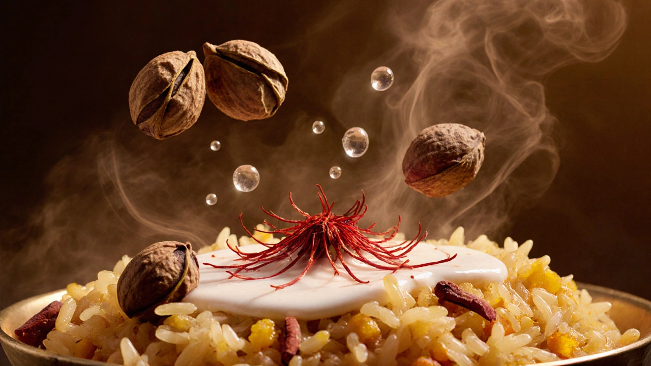 Floating biryani ingredients like cardamom, saffron, and rice in a golden aromatic haze.