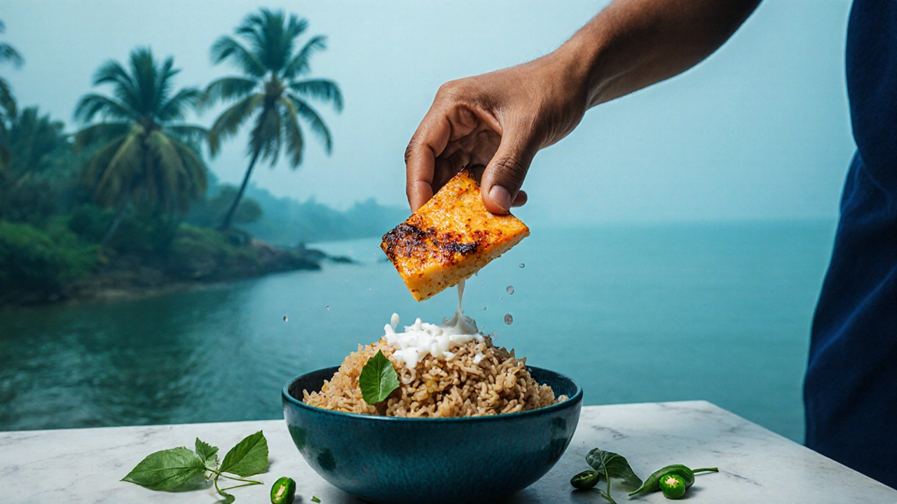 Grilled fish curry served with brown rice and fresh curry leaves on a wooden surface.