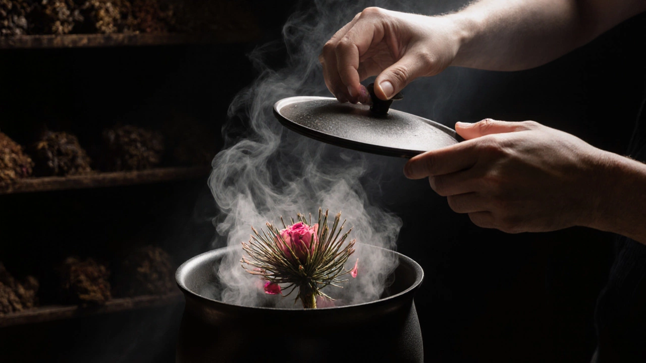 Hands lifting a pot lid as steam forms floral shapes of kewra and rose.