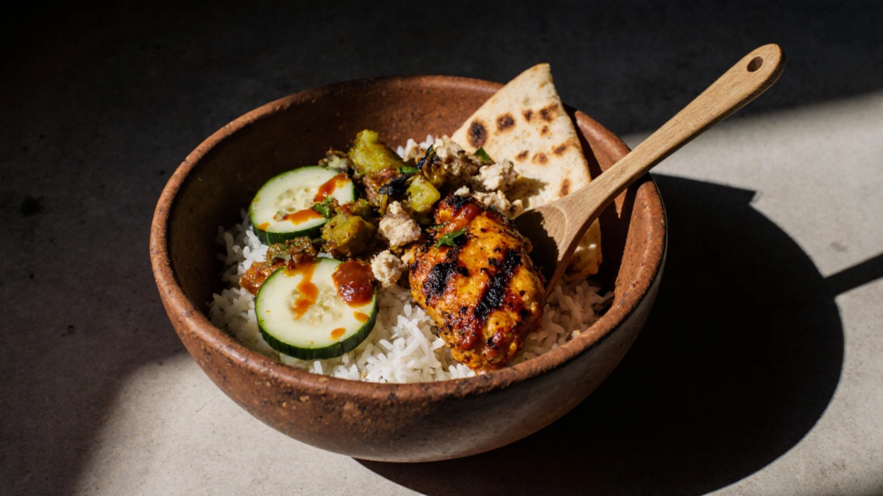 Leftover tandoori chicken bowl with rice, veggies, naan, and chutneys in an earthenware dish.