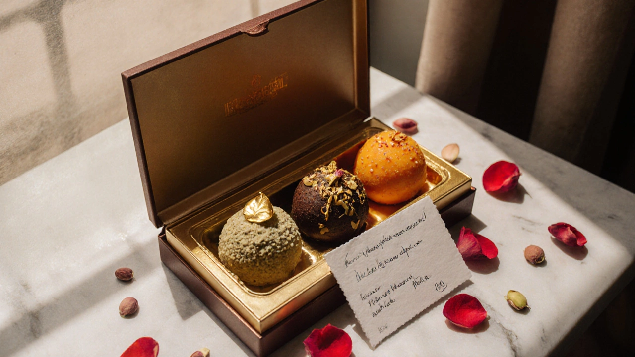 Luxury Indian sweets arranged in a gift box with saffron, pistachios, and rose petals.