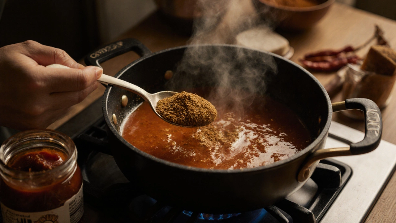 Sweet and sour sauce simmering with cumin and coriander in a saucepan.